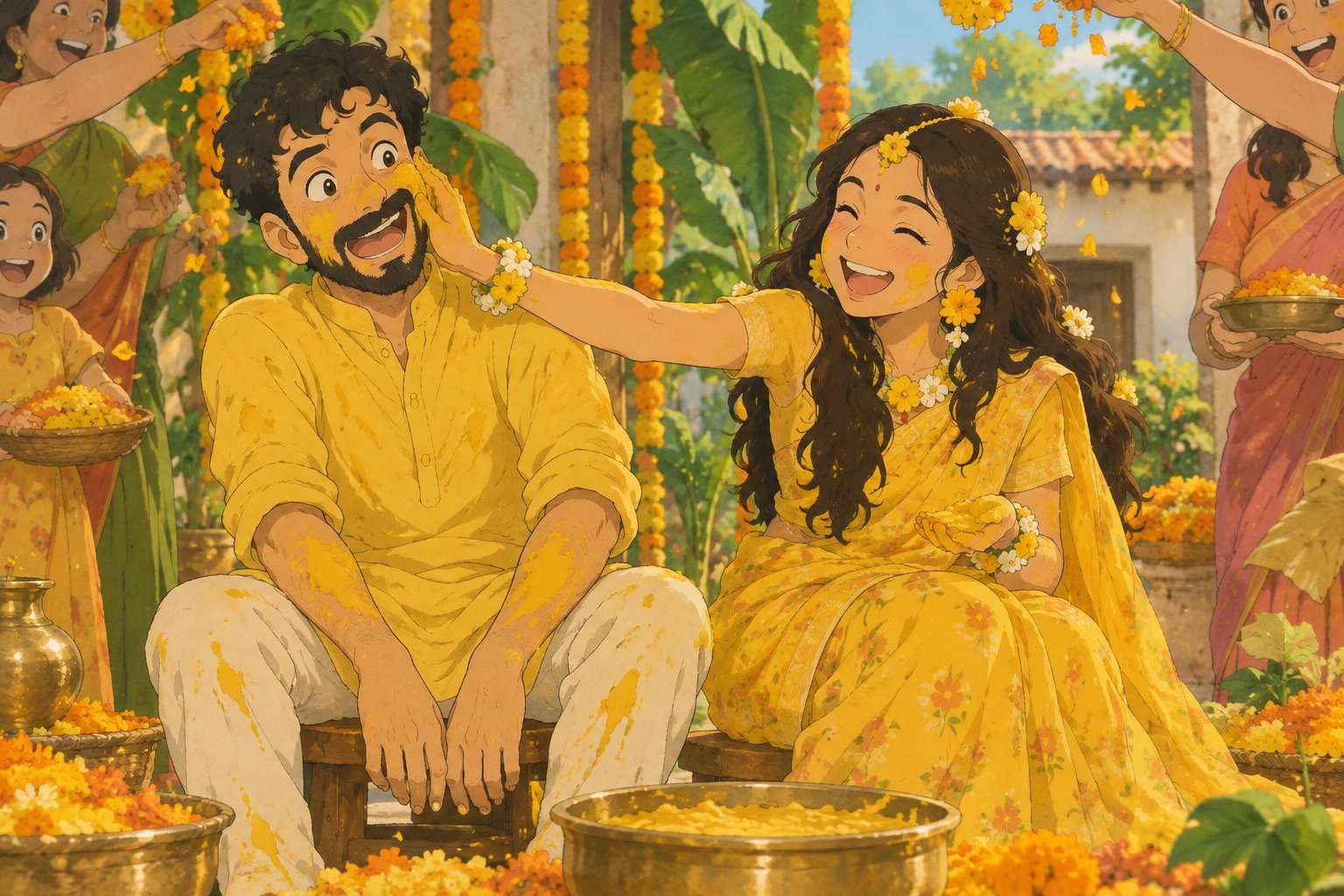 Ghibli-style Haldi: the couple laughing, smeared with haldi