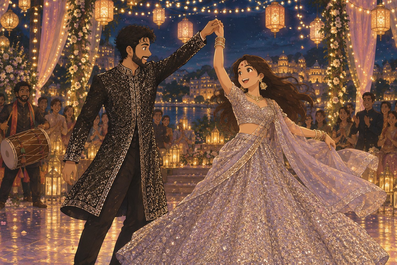 Ghibli-style Sangeet: the couple dancing under fairy lights