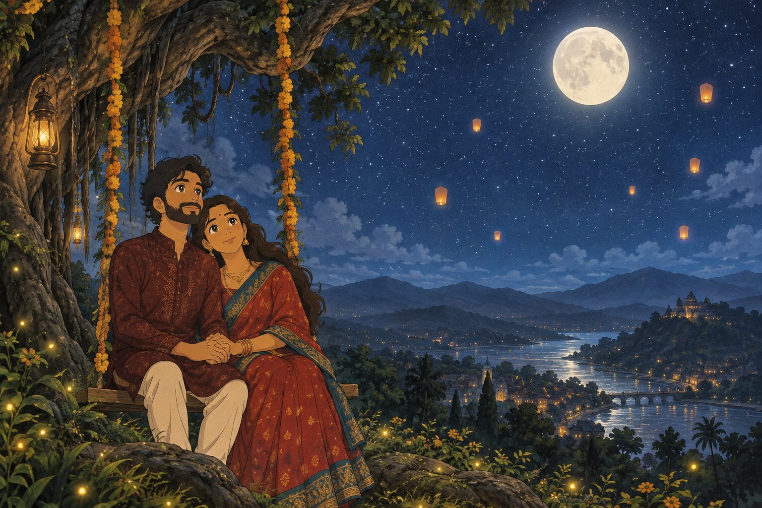Ghibli-style Dewanshu and Saumya on a swing under the full moon