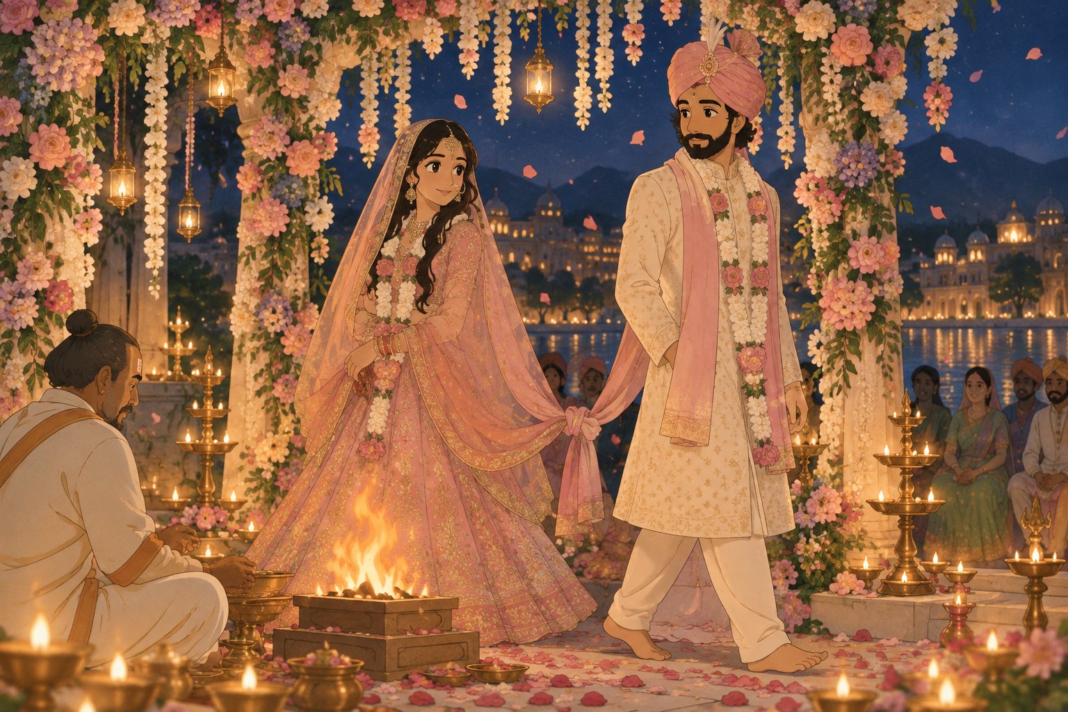 Ghibli-style wedding pheras around the sacred fire under a pastel mandap